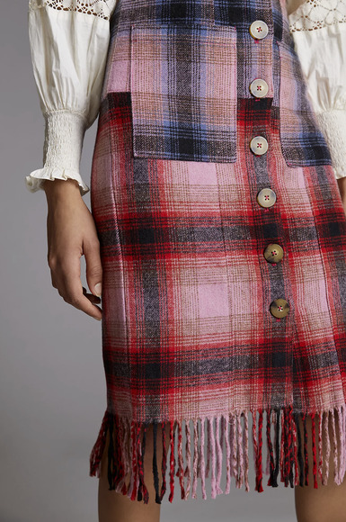 NEW Anthropologie Maeve Fringed Pink Blue Plaid Button Mini Skirt - 2 - Picture 2 of 9